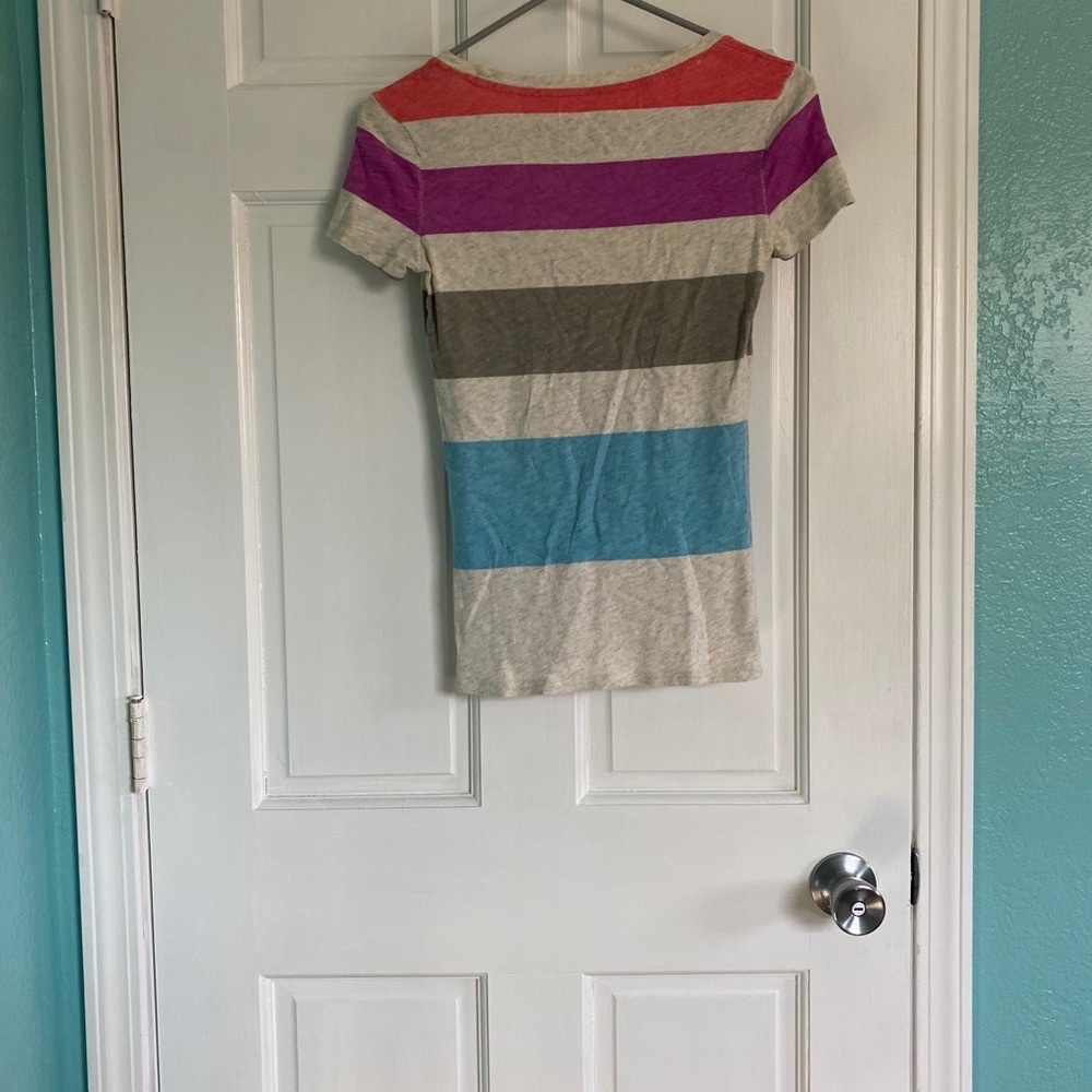Girls Short Sleeve Stripe Tee in Coral, Purple & Blue - Neutral Base